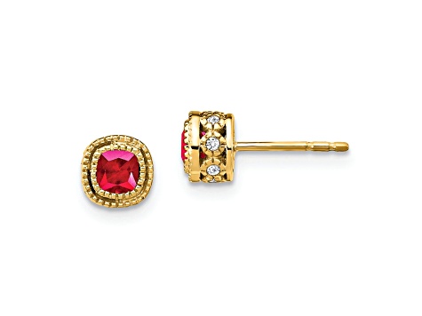 10k Yellow Gold 7.3mm 0.5ctw Cushion Ruby July Birthstone and Diamond Stud Earrings