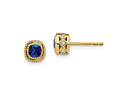 10k Yellow Gold 7.3mm 0.5ctw Cushion Sapphire September Birthstone and Diamond Stud Earrings