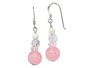 Sterling Silver Polished Pink Crystal, Jadeite and Mother of Pearl Dangle Earrings