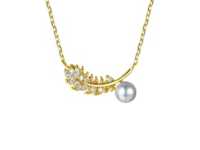 Clear Cubic Zirconia & Simulated Pearl, 14k Gold Plated over Brass Fern Leaf Pendant Necklace