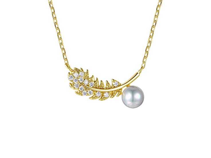 Clear Cubic Zirconia & Simulated Pearl, 14k Gold Plated over Brass Fern Leaf Pendant Necklace