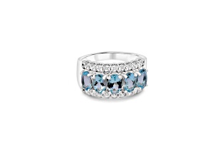6x4mm Oval Aquamarine and White CZ Rhodium Over Sterling Silver Ring, 2.0ctw