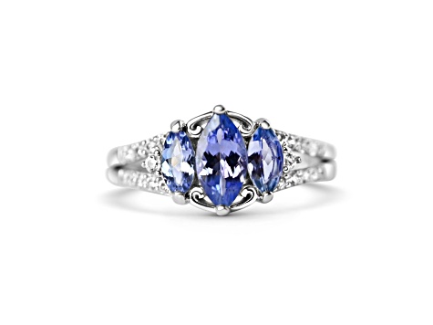 Rhodium Over Sterling Silver Marquise Tanzanite and White Zircon Ring 1.17ctw