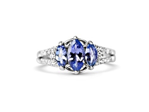 Rhodium Over Sterling Silver Marquise Tanzanite and White Zircon Ring 1.17ctw