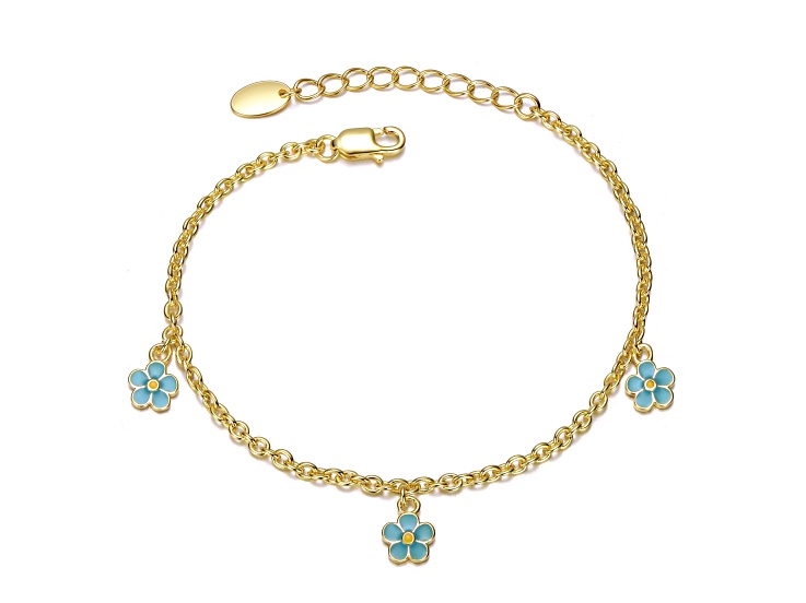 14K Gold Plated over Sterling Silver with Blue Enamel Daisy Charm Bracelet for Kids
