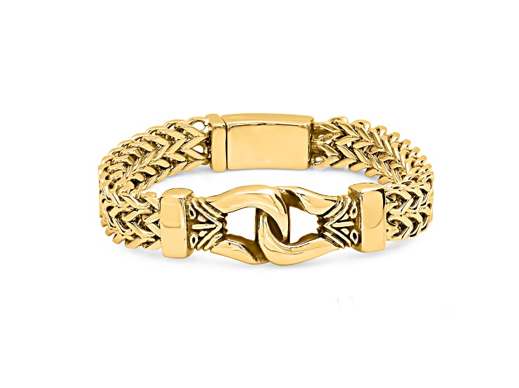 Men's 18K Yellow Gold Over Stainless Steel Double Row Wheat Link Buckle Bracelet