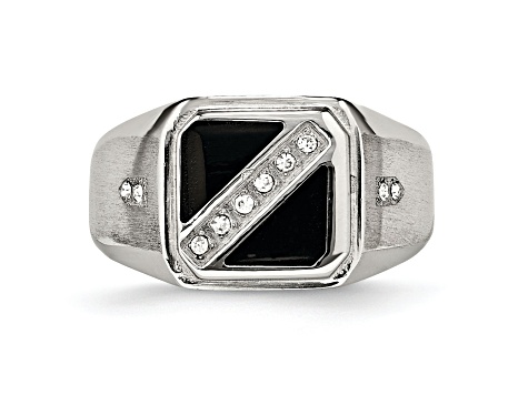 White Cubic Zirconia And Black Enamel Stainless Steel Men's Ring