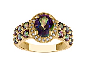 10K Yellow Gold Oval Mystic Fire Topaz and Diamond Ring 1.74ctw