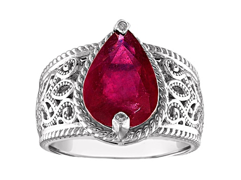 Sterling Silver Pear Shape Lab Created Ruby and Diamond Filigree Ring 3.5ctw