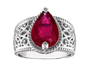 Sterling Silver Pear Shape Lab Created Ruby and Diamond Filigree Ring 3.5ctw