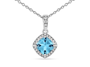 Swiss Blue Topaz December Birthstone Necklace with Moissanite Accents Rhodium Over Sterling Silver
