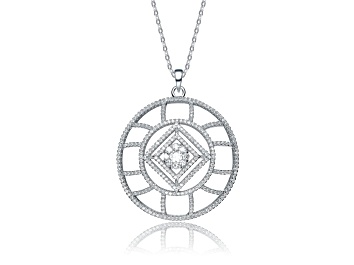 Picture of Clear Cubic Zirconia, Rhodium Plated over Brass Geometric Halo Pendant Necklace
