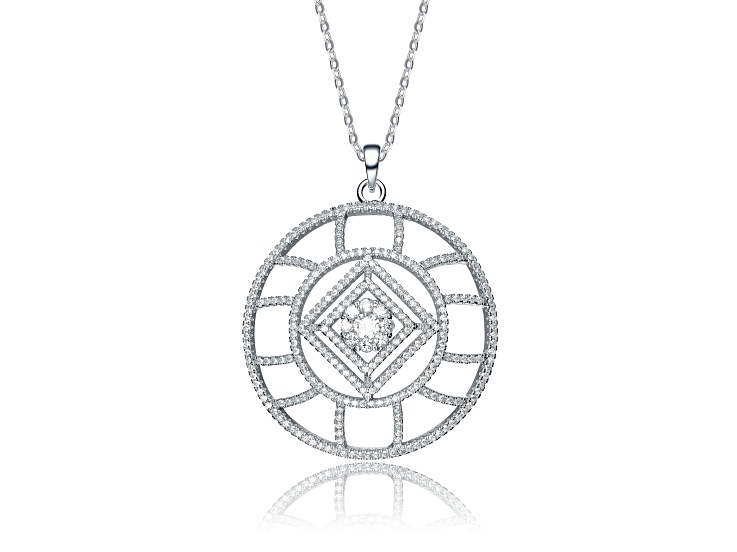 Clear Cubic Zirconia, Rhodium Plated over Brass Geometric Halo Pendant Necklace