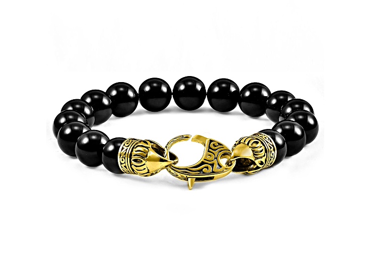 Invicta Jewelry Men's Onyx Stone Yellow Clasp Bead Bracelet (10mm