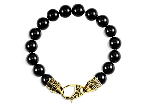 Invicta Jewelry Men's Onyx Stone Yellow Clasp Bead Bracelet (10mm
