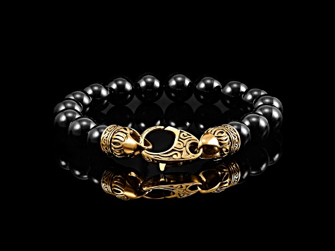Invicta Jewelry Men's Onyx Stone Yellow Clasp Bead Bracelet (10mm) - 8"