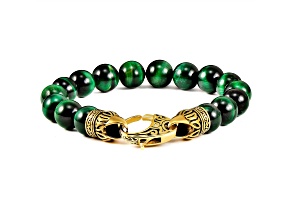 Invicta Jewelry Men's Green Tiger Eye Stone Yellow Clasp Bead Bracelet (10mm) - 8"