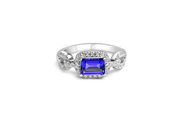 Picture of 7x5mm Rectangular Octagonal Tanzanite and White CZ Rhodium Over Sterling Silver Ring, 0.93ctw