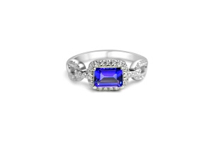7x5mm Rectangular Octagonal Tanzanite and White CZ Rhodium Over Sterling Silver Ring, 0.93ctw