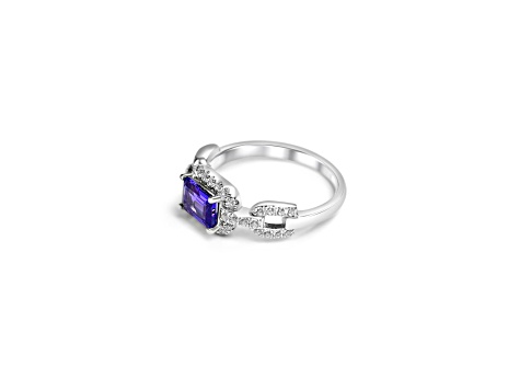 7x5mm Rectangular Octagonal Tanzanite and White CZ Rhodium Over Sterling Silver Ring, 0.93ctw