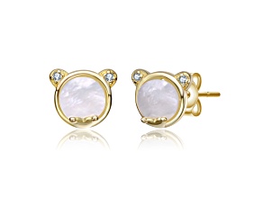 Mother Of Pearl & Clear Cubic Zirconia, 14K Gold Plated over Brass Bear Stud Earrings for Kids
