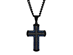 Two-tone Black and Blue Ion-Plated Stainless Steel and Diamond Cross Pendant With Chain 0.25ctw