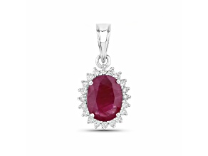 Oval Ruby and Round White Diamond 10K White Gold Halo Pendant 1.60ctw