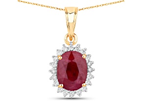 Oval Ruby and Round White Diamond 10K Yellow Gold Halo Pendant with Chain 1.60ctw