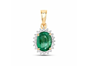 Zambian Emerald and White Diamond 10K Yellow Gold Oval Halo Pendant 1.36ctw