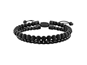 Ion-Plated Stainless Steel Black and Matte Black Onyx Bead Bolo Bracelet