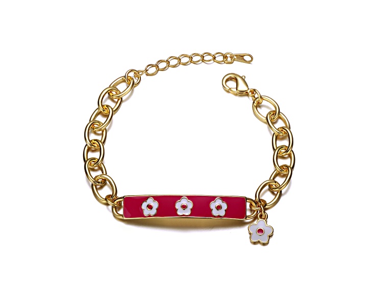 14K Gold Plated over Brass Hot Pink Flower Charm Bar Bracelet for Kids