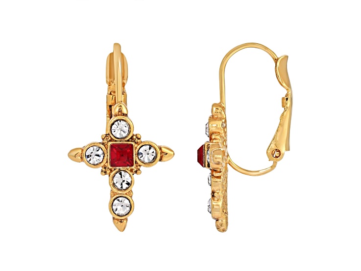 Symbols of Faith Gold Tone Crystal Dark Red Cross Earrings