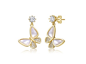 Clear Cubic Zirconia, 14K Gold Plated over Sterling Silver Butterfly Drop Earrings