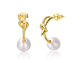 White Freshwater Pearl, 14K Yellow Gold Plated over Sterling Silver Love Knot Half-Hoop Earrings