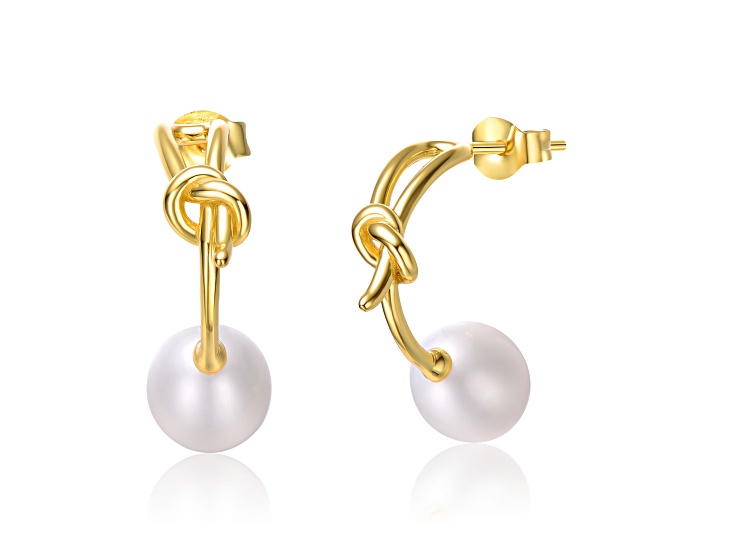 White Freshwater Pearl, 14K Yellow Gold Plated over Sterling Silver Love Knot Half-Hoop Earrings