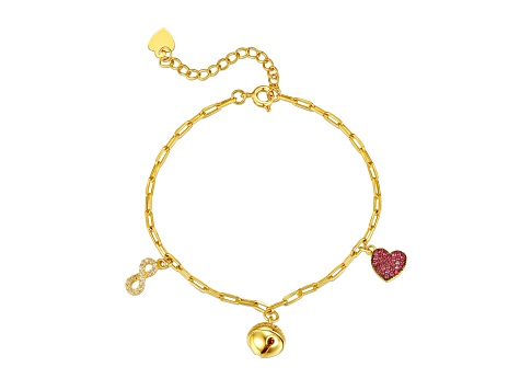 Ruby Red CZ, Kids/Teens 14k Gold Plated over Brass Heart, Cowbell, and Infinity Charm Bracelet