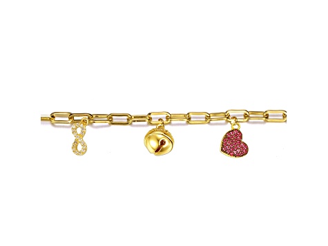 Ruby Red CZ, Kids/Teens 14k Gold Plated over Brass Heart, Cowbell, and Infinity Charm Bracelet