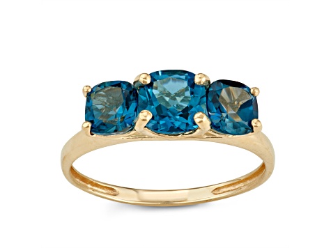 Square Cushion London Blue Topaz 3-Stone 10K Yellow Gold Ring 2.00ctw