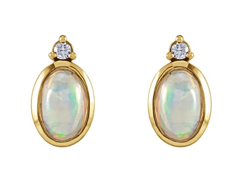 14K Yellow Gold Oval White Ethiopian Opal and Round Diamond Stud Earrings