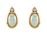 14K Yellow Gold Oval White Ethiopian Opal and Round Diamond Stud Earrings