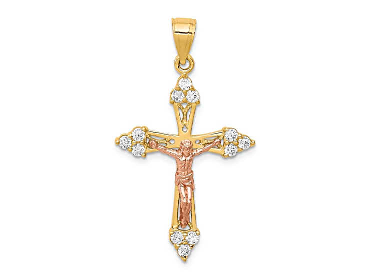 10k Yellow Gold and 10k Rose Gold Cubic Zirconia Crucifix Pendant