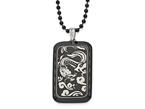 Stainless Steel Polished Black IP-plated Dragon Dog Tag 22-inch Necklace