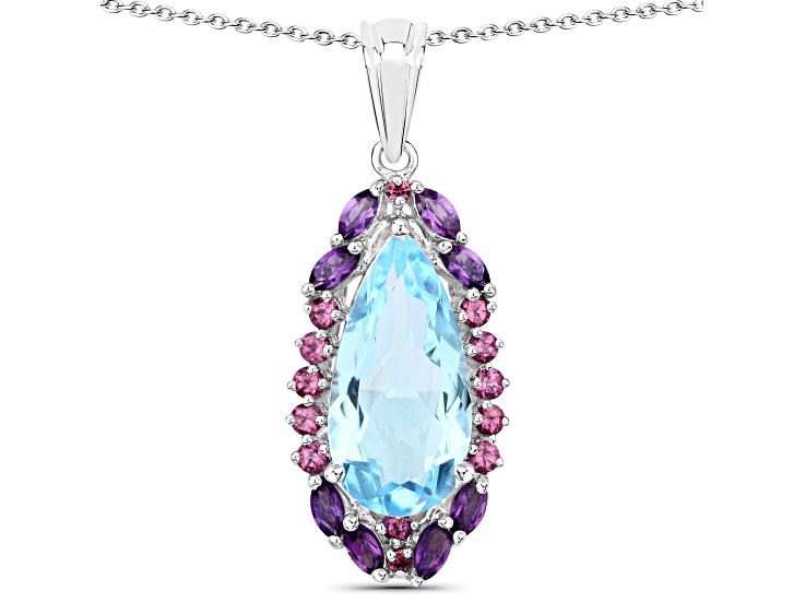 Blue Topaz, Amethyst and Rhodolite Garnet Sterling Silver Drop Necklace
