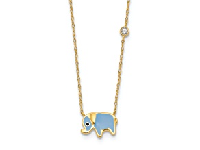 10k Yellow Gold Polished Cable Chain Cubic Zirconia Blue Enameled Elephant 18 Inch Necklace
