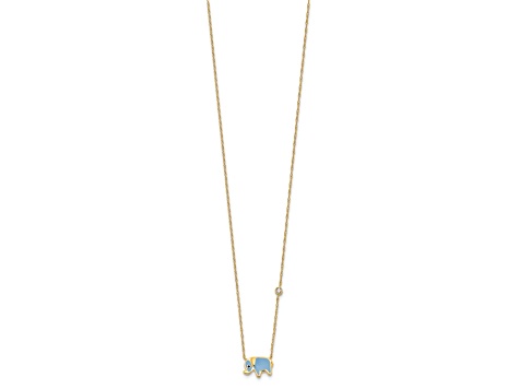 10k Yellow Gold Polished Cable Chain Cubic Zirconia Blue Enameled Elephant 18 Inch Necklace
