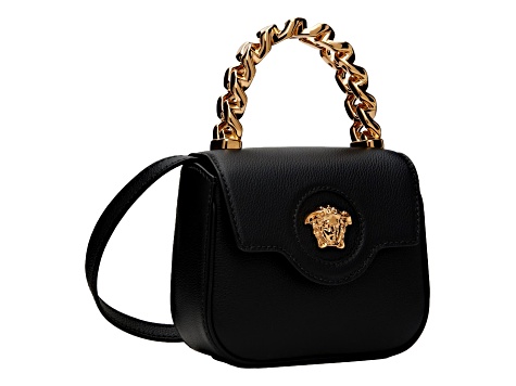 Versace Top Handle Black Mini Vitello Leather Handbag - 18X3GA | JTV
