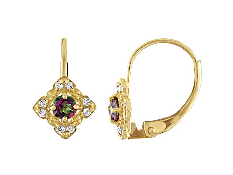 10K Yellow Gold Round Mystic Fire Topaz and Diamond Leverback Earrings .22ctw