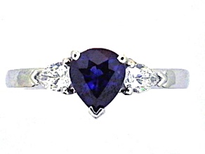 Pear Shaped Blue Sapphire and White Diamond Platinum Ring. 2.23 CTW