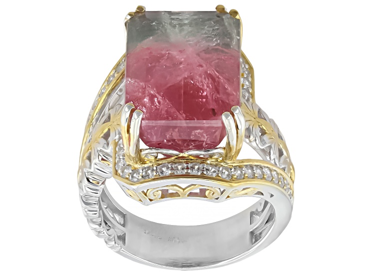 Bi-color Tourmaline & White Zircon 24K Gold Over Palladium Sterling Silver Ring 16.20ctw
