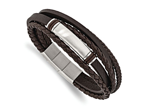 Brown Rubber and Stainless Steel Brushed 8-inch with 0.5-inch Extension Bracelet